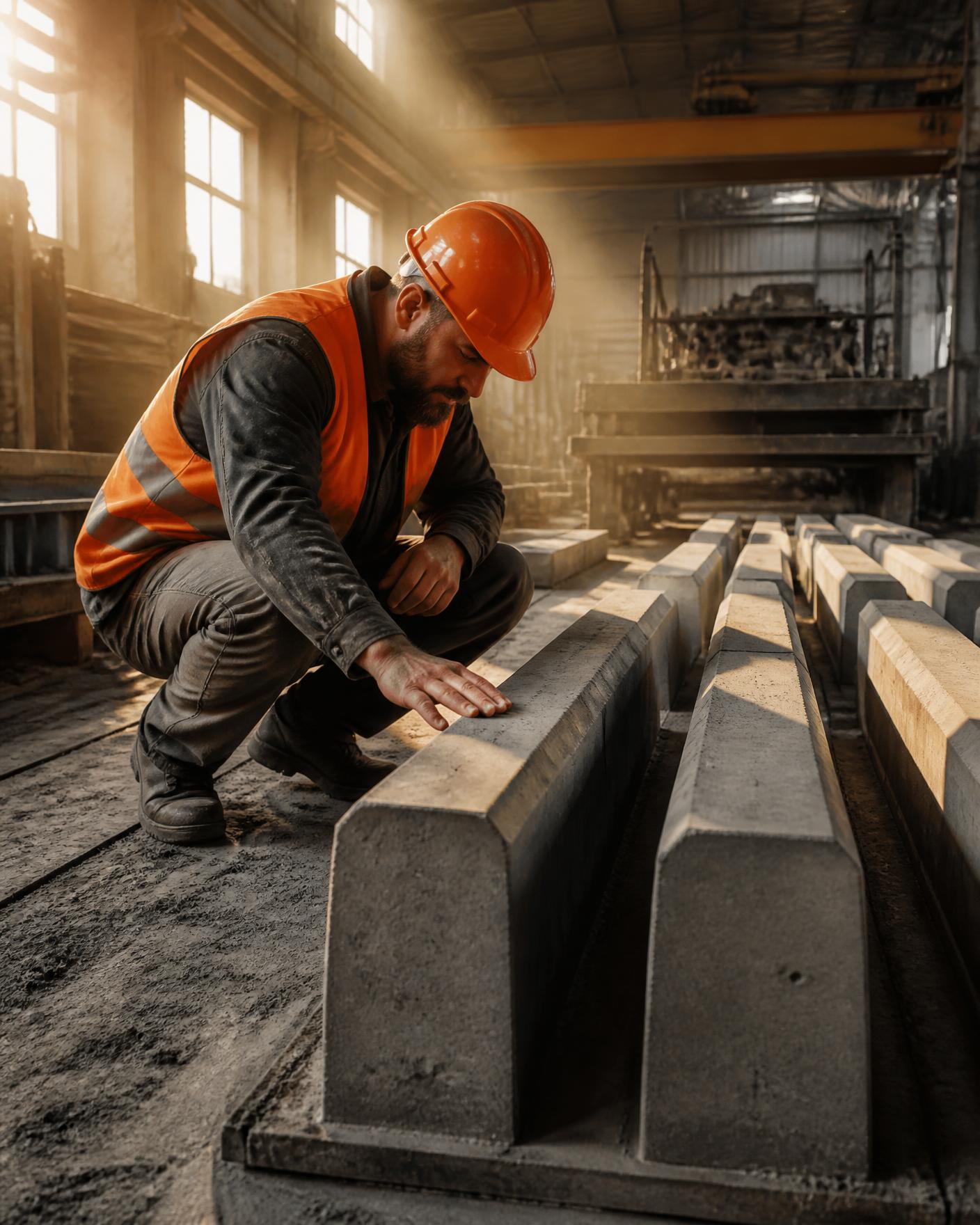 Worker inspecting freshly cast concrete kerbstones inside the AHCP factory