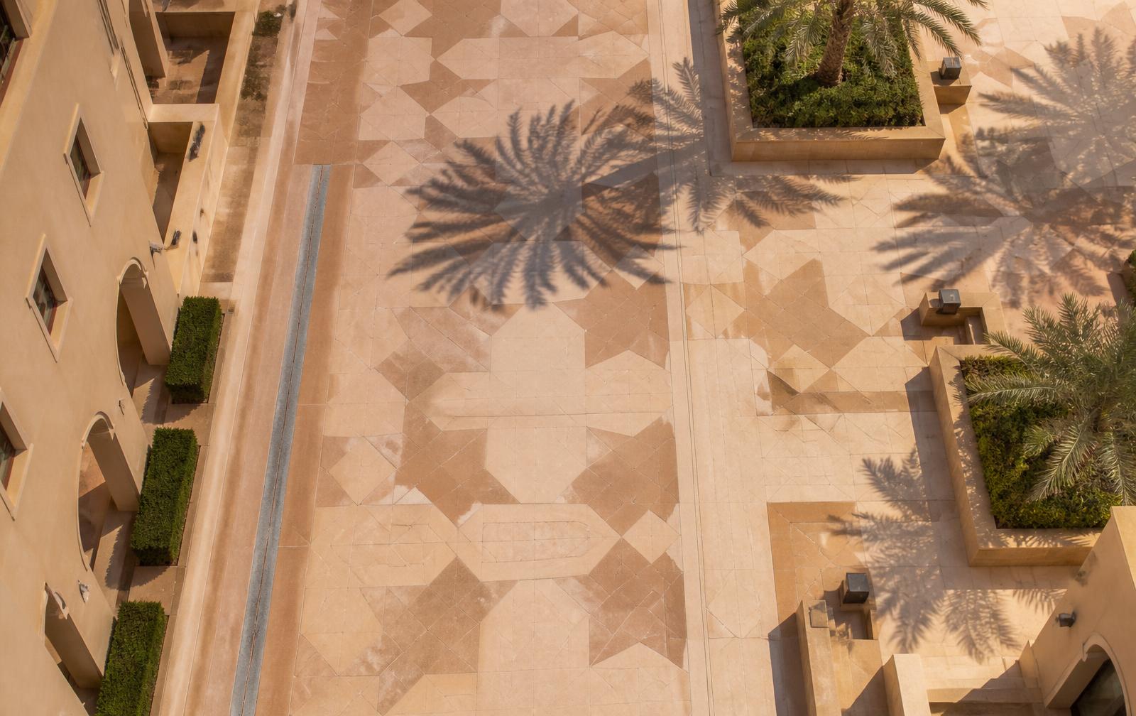 Aerial view of a plaza paved with interlocking concrete pavers